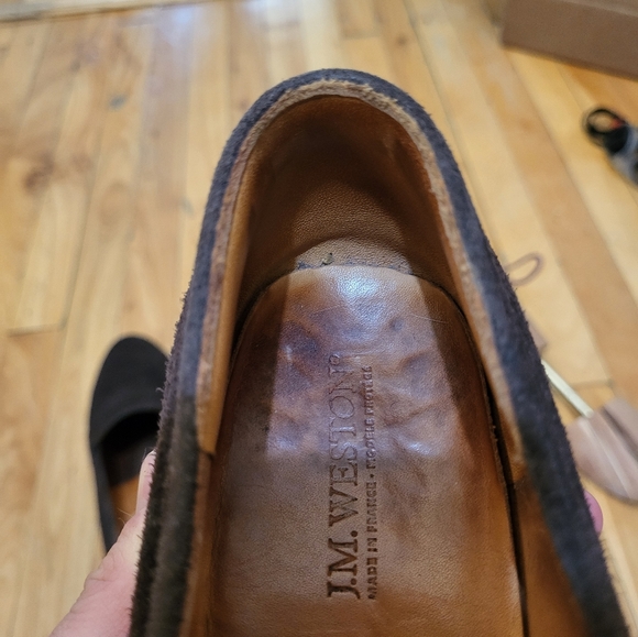 J.M. Weston loafers suede size 5.5 B Maron/dark brown color. - Picture 9 of 10